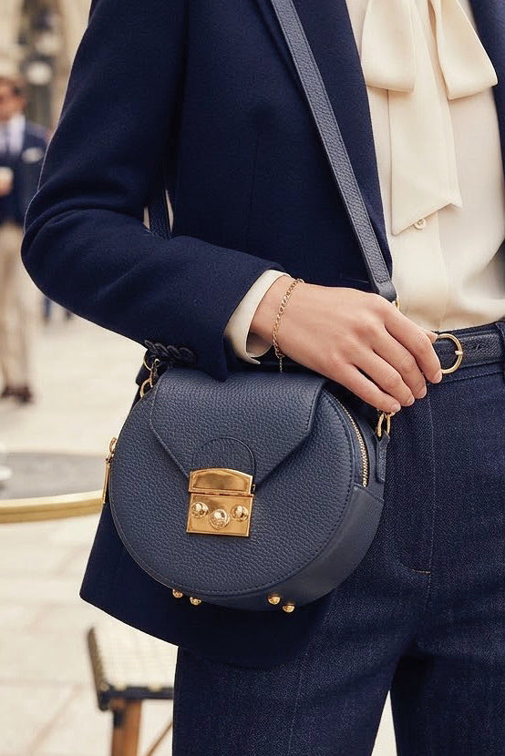 ZZ106 Navy Round Leather Crossbody Bag