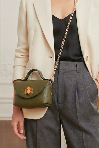 ZZ127 Khaki Grained Leather Chain Crossbody Bag