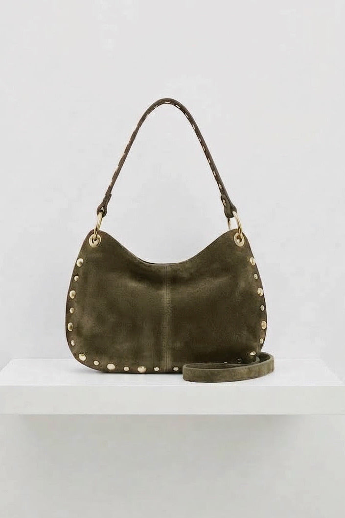 ZZ111 Khaki Studded Suede Handbag