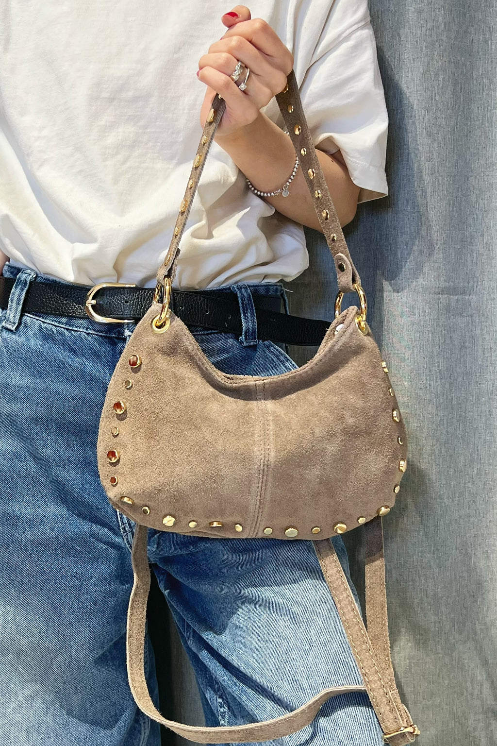 ZZ115 Taupe Studded Suede Handbag