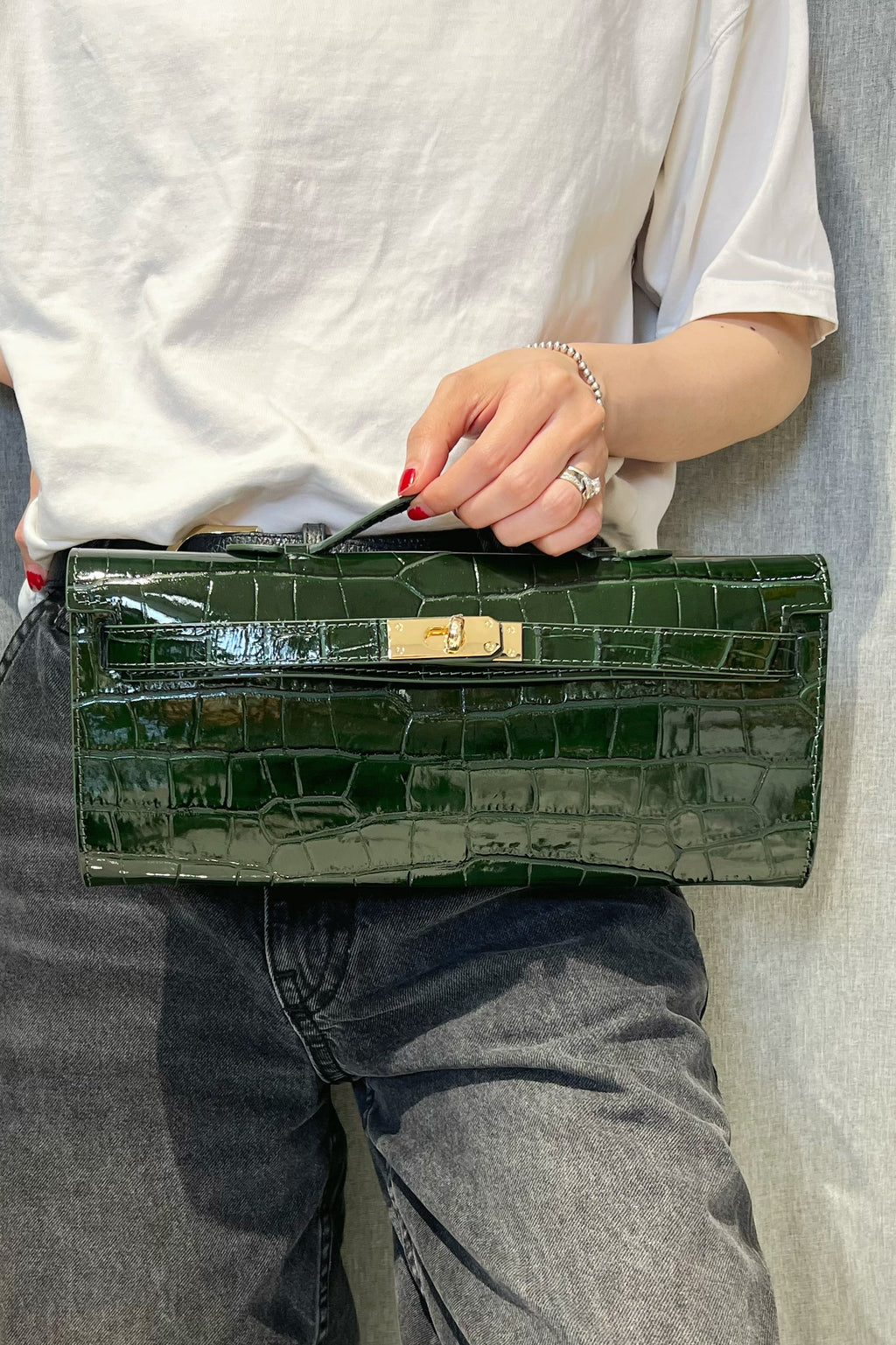 ZZ031 Dark Green Croco Leather Clutch Bag