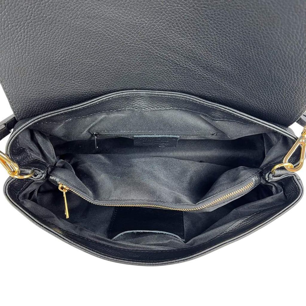 MI605 Black Leather Flap Shoulder Bag