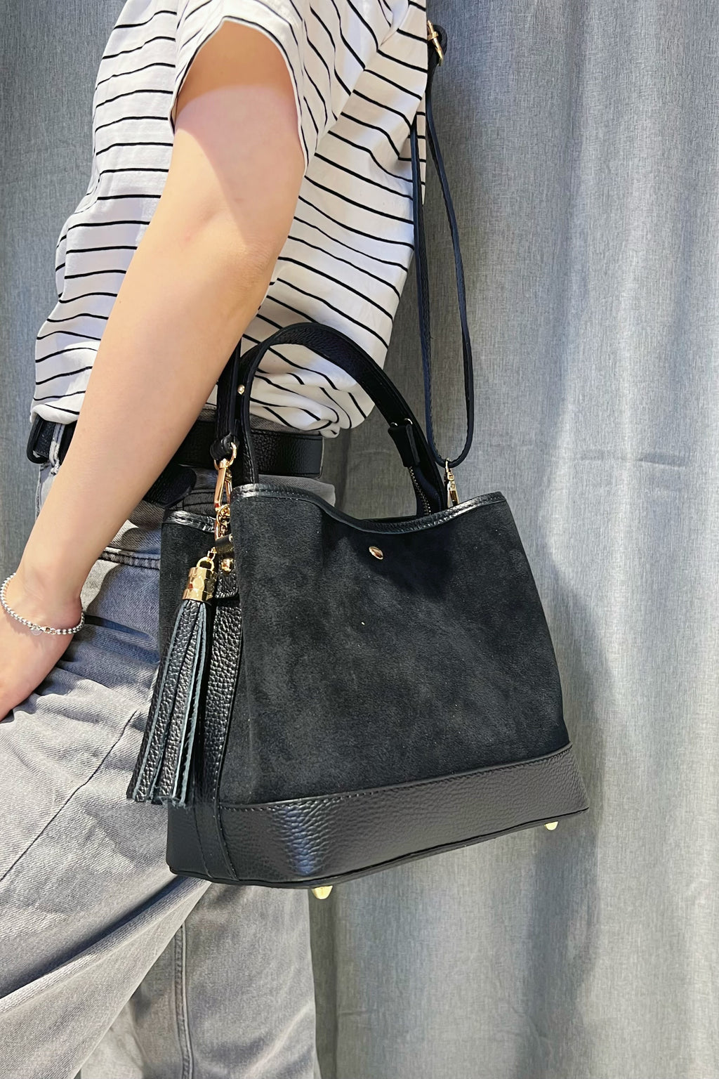 ZZ063 Black Leather Suede Bucket Bag