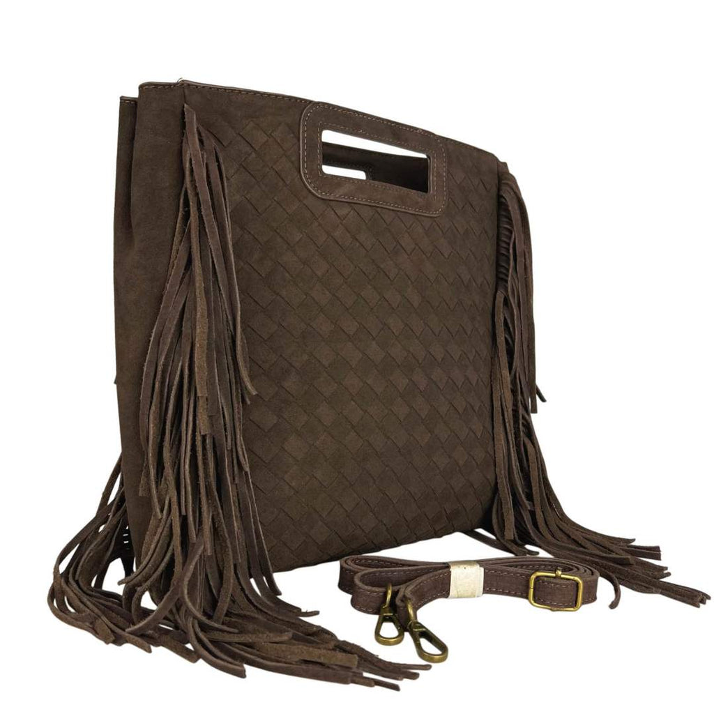 MI483 Dark Brown Suede Woven Fringe Bag