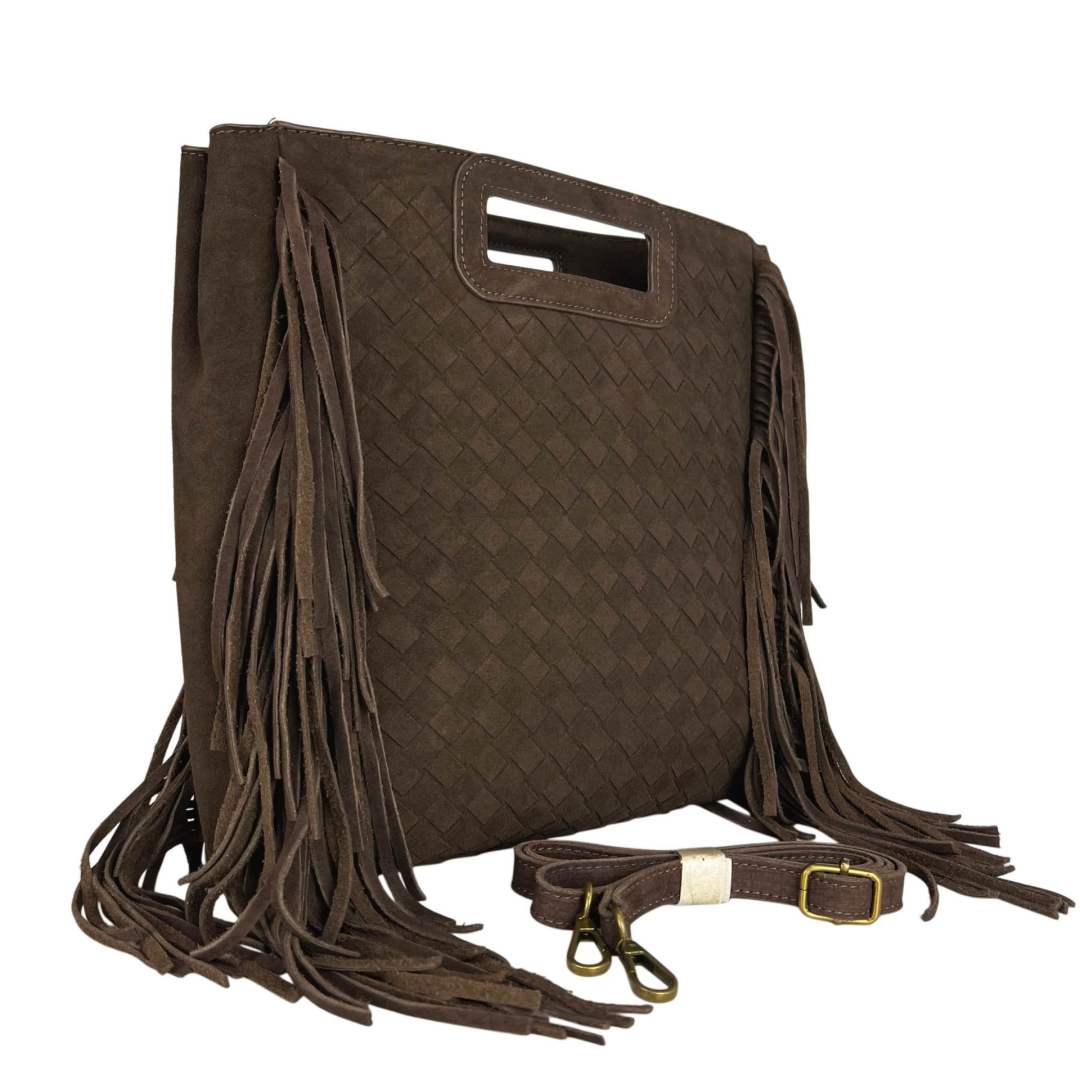 MI483 Dark Brown Suede Woven Fringe Bag