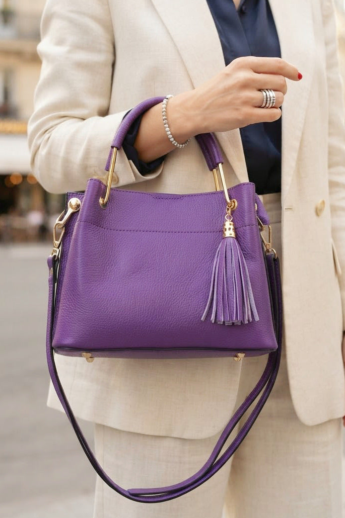 ZZ077 Purple Leather 3-Compartment Handbag