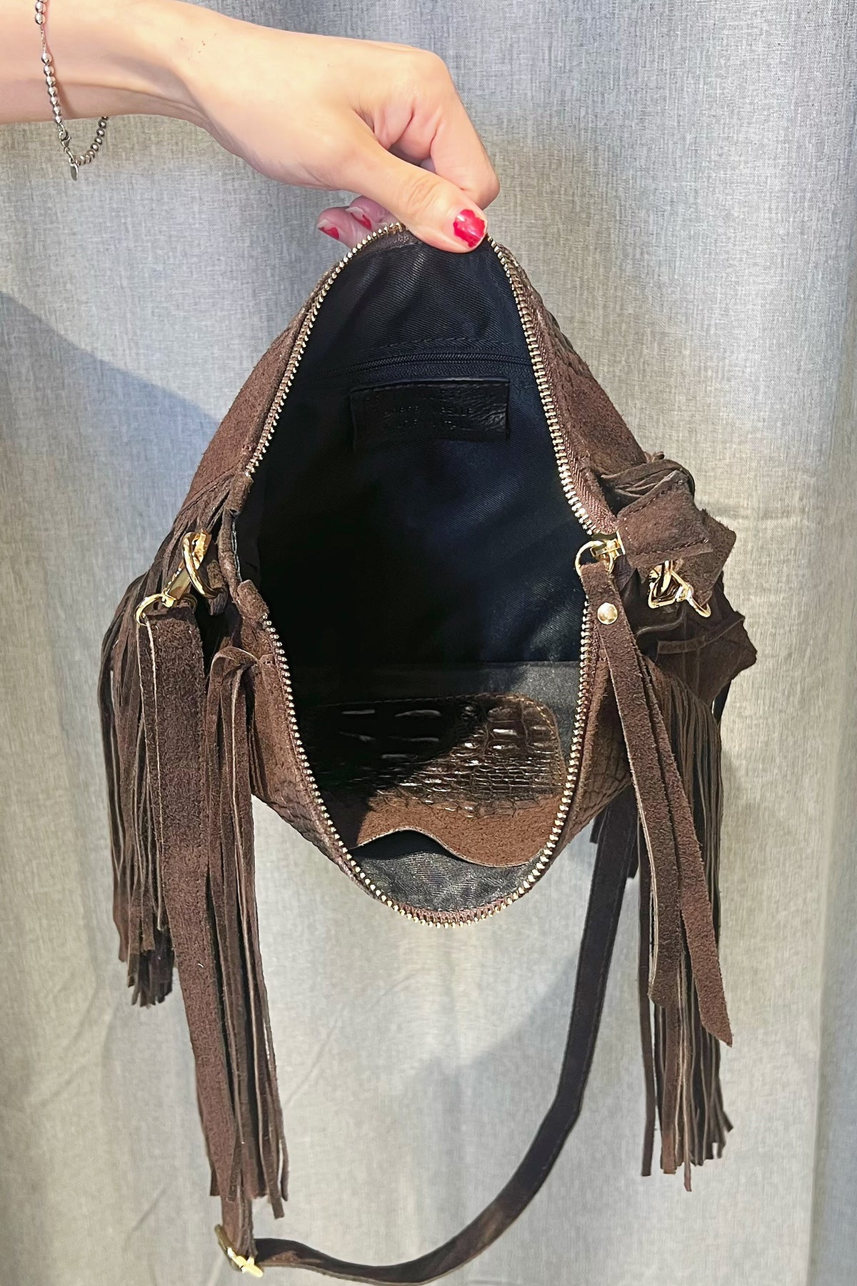 ZZ094 Brown Croco Suede Fringe Crossbody Bag