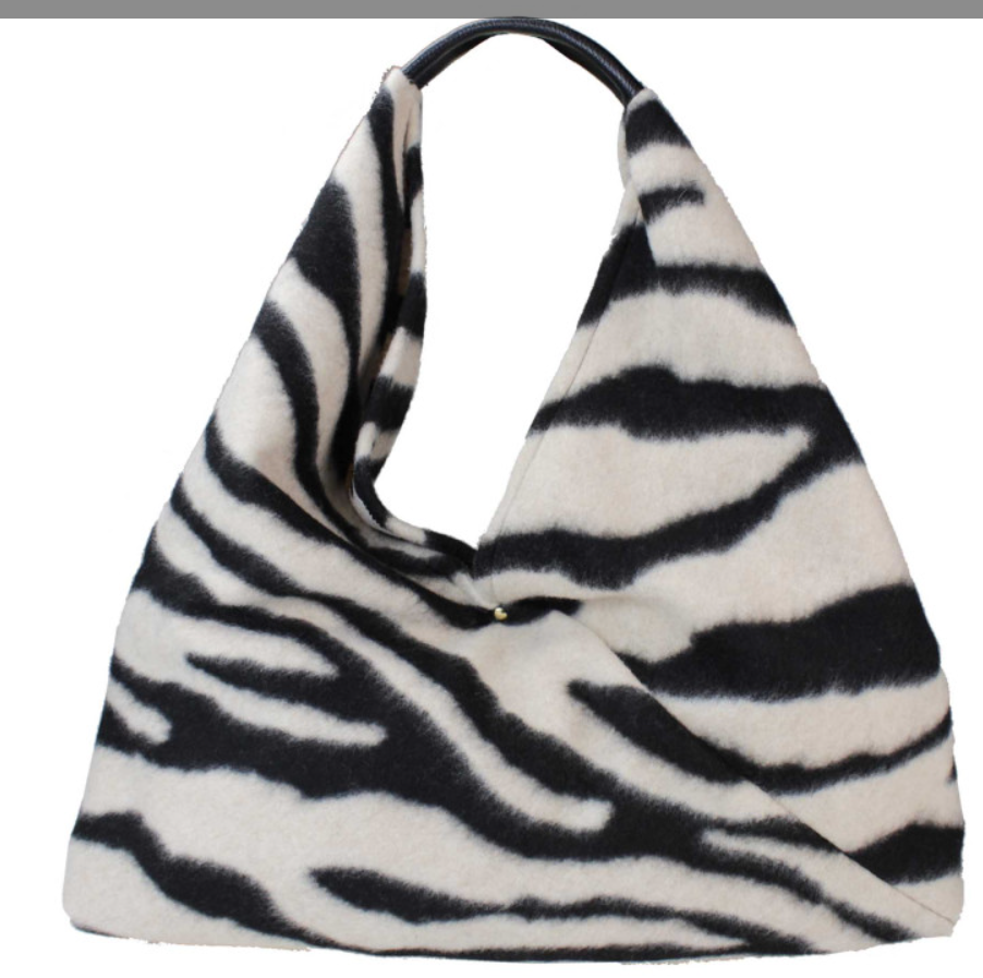 924 Italian Black Zebra Wool Handbag w/ Leather Handle