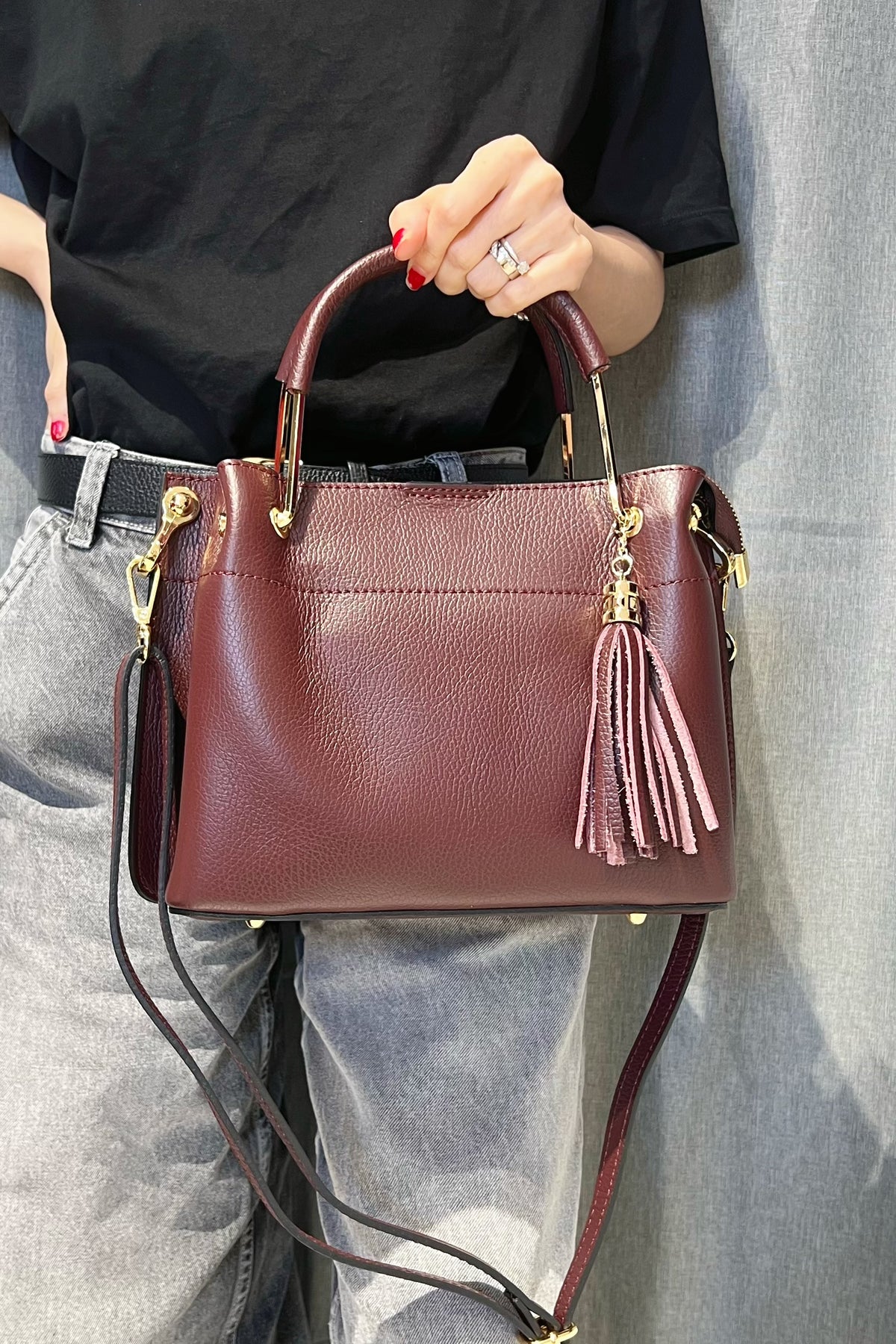 ZZ076 Burgundy Leather 3-Compartment Handbag