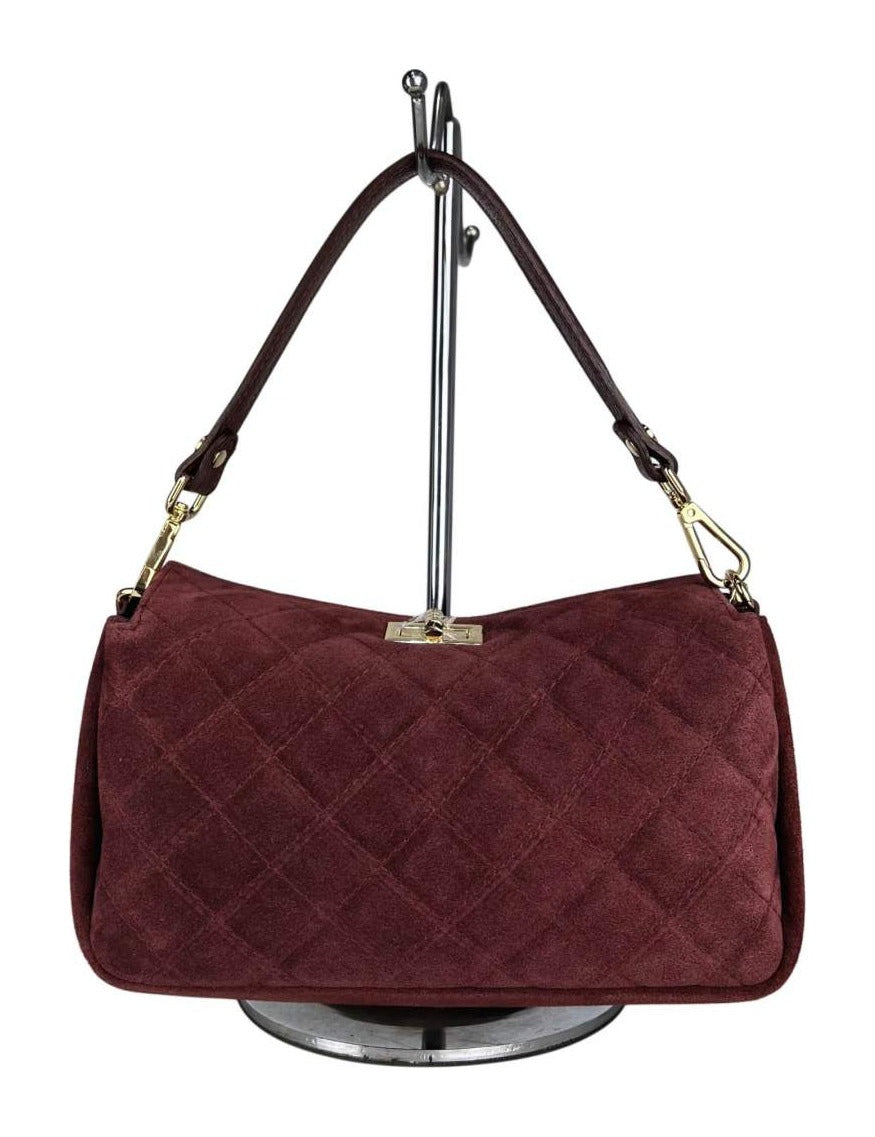 MI598 Burgundy Quilted Suede Shoulder Bag