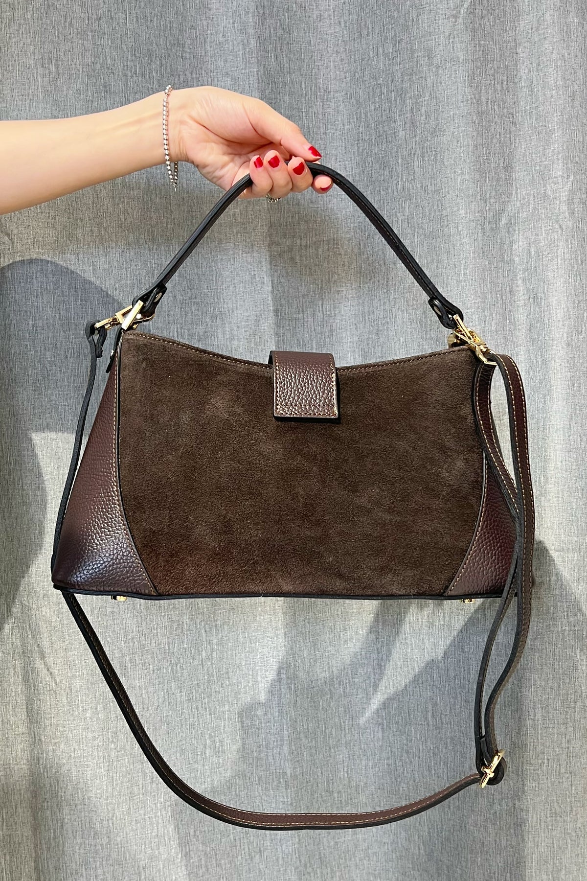 ZZ169 Brown Leather Suede Shoulder Bag