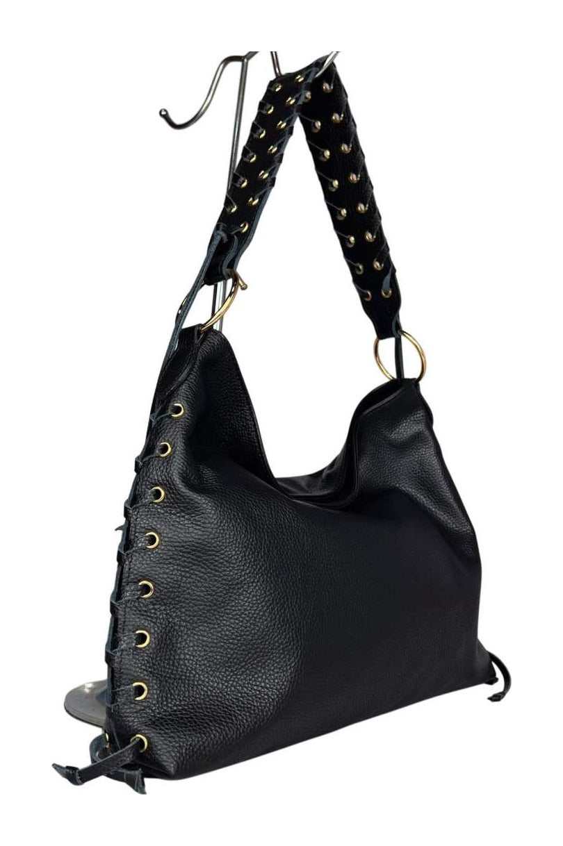 MI582 Black Leather Laced Hobo Bag