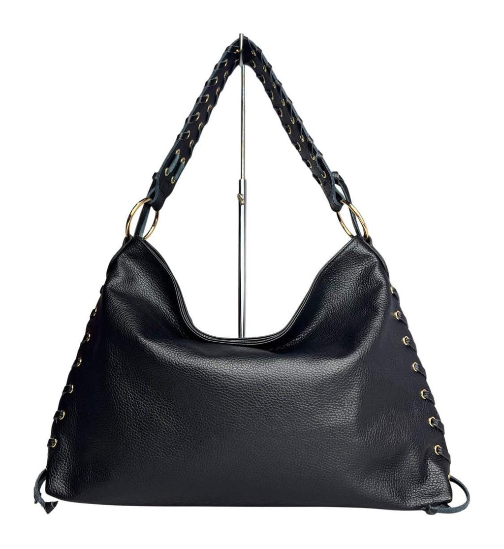 MI582 Black Leather Laced Hobo Bag