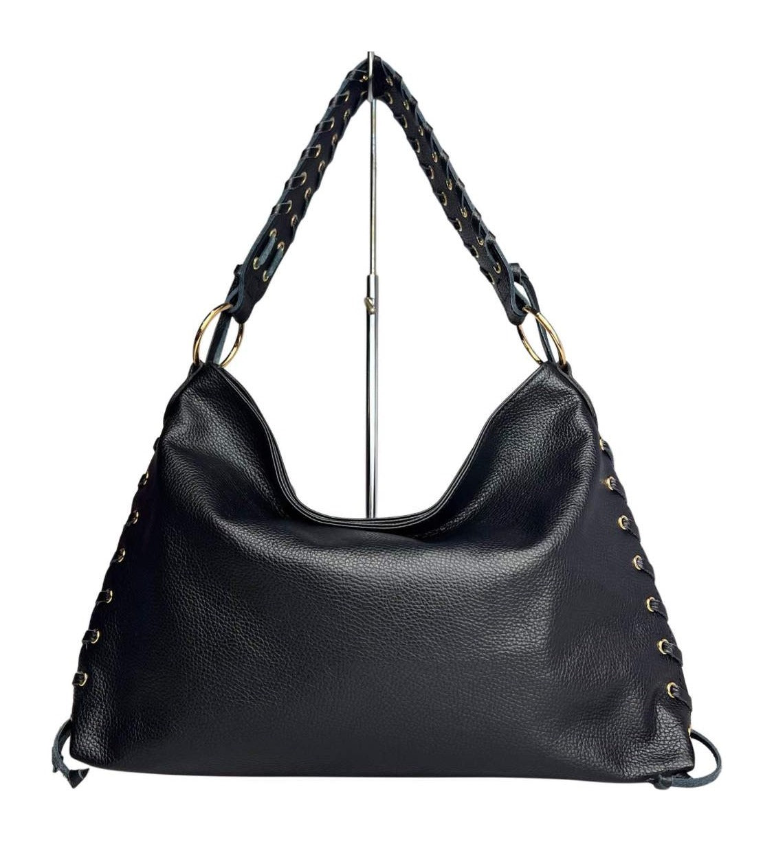 MI582 Black Leather Laced Hobo Bag