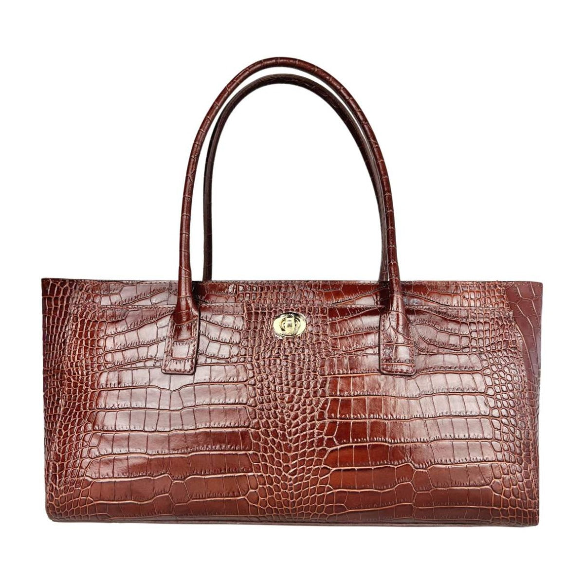 MI628 Mocha Croc-Print Leather Shoulder Bag