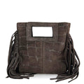 Mi262 Dark Brown Suede Croco-Print Fringe Mini