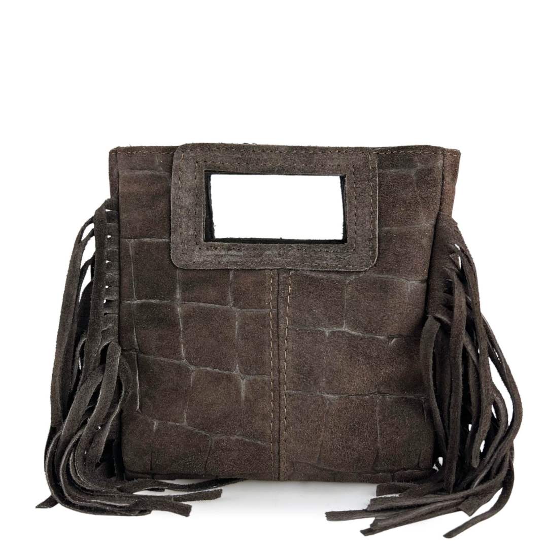 Mi262 Dark Brown Suede Croco-Print Fringe Mini