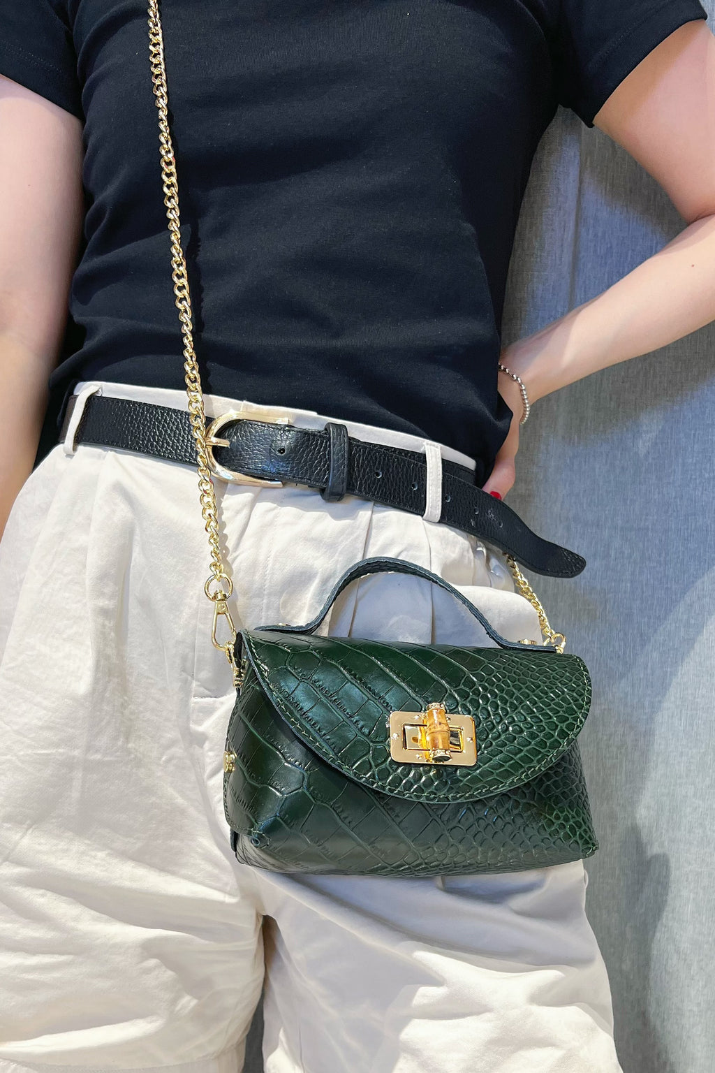 ZZ023 Dark Green Croco Chain Crossbody Bag