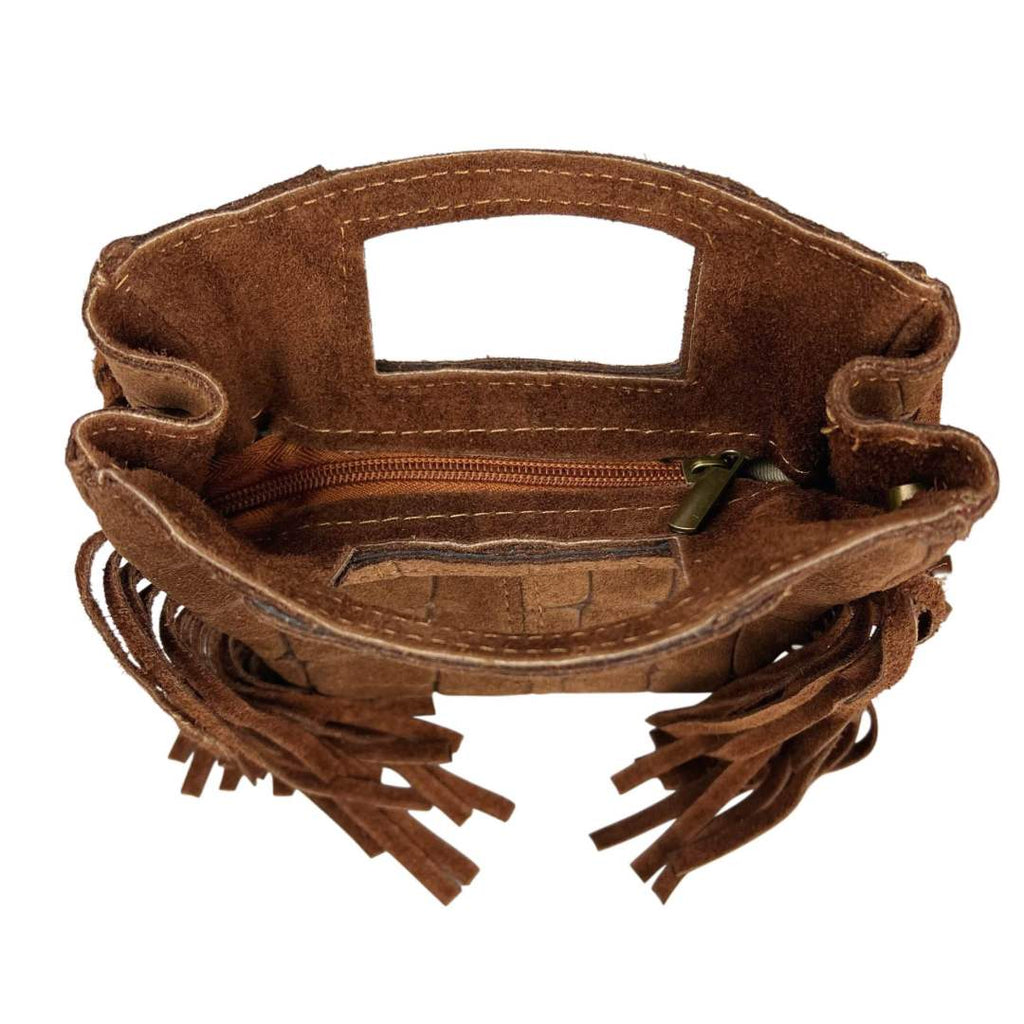 Mi261 Brown Suede Croco-Print Fringe Mini