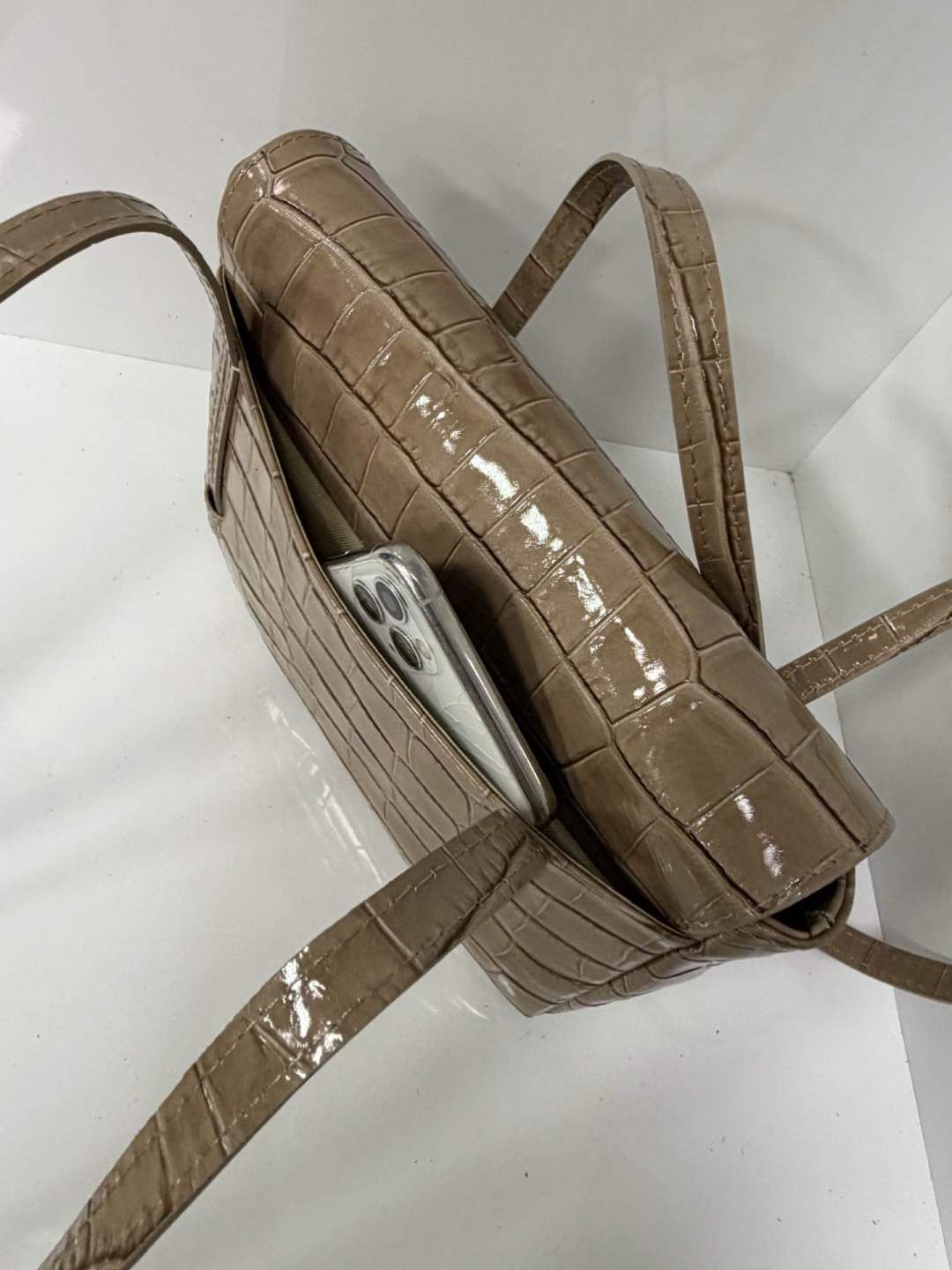 ST150 Taupe Croco Print Leather Shoulder Bag