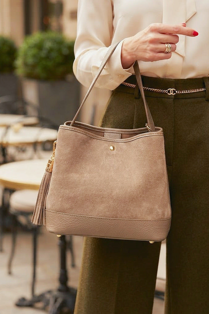 ZZ062 Taupe Leather Suede Bucket Bag