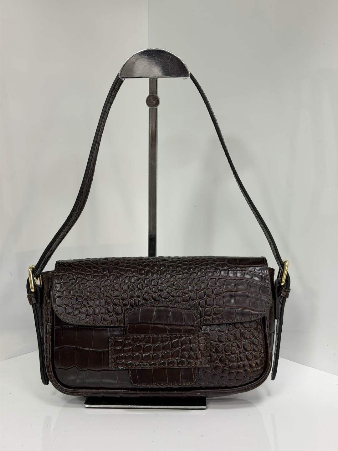 ST161 Dark Brown Croco Print Leather Baguette Bag