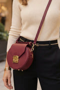 ZZ099 Burgundy Round Leather Crossbody Bag