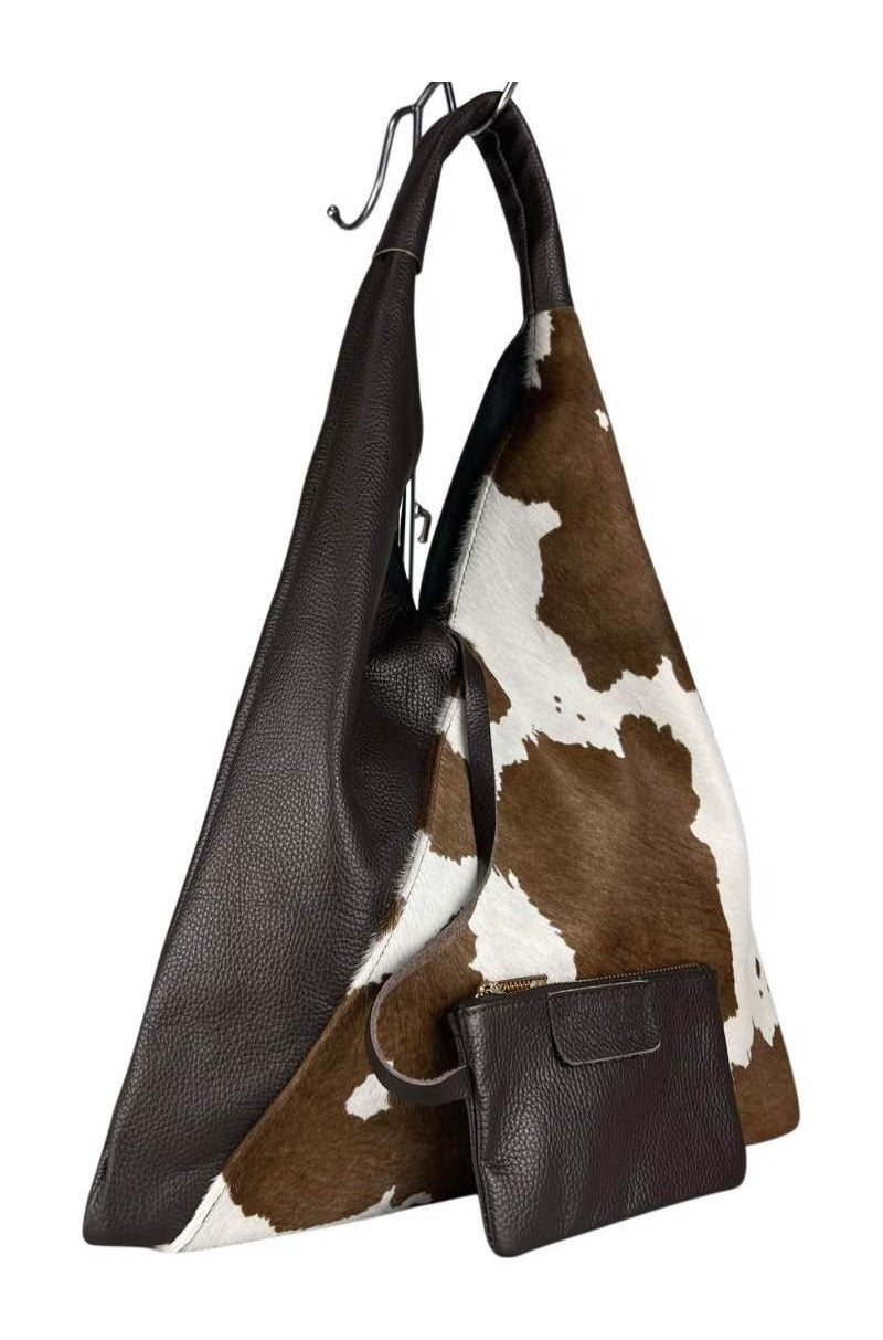 MI550 Brown & White Cow Print Pony Hair Triangle Bag
