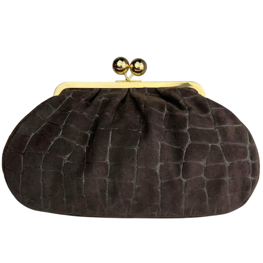 Mi273 Dark Brown Suede Croco-Print Clip Clutch