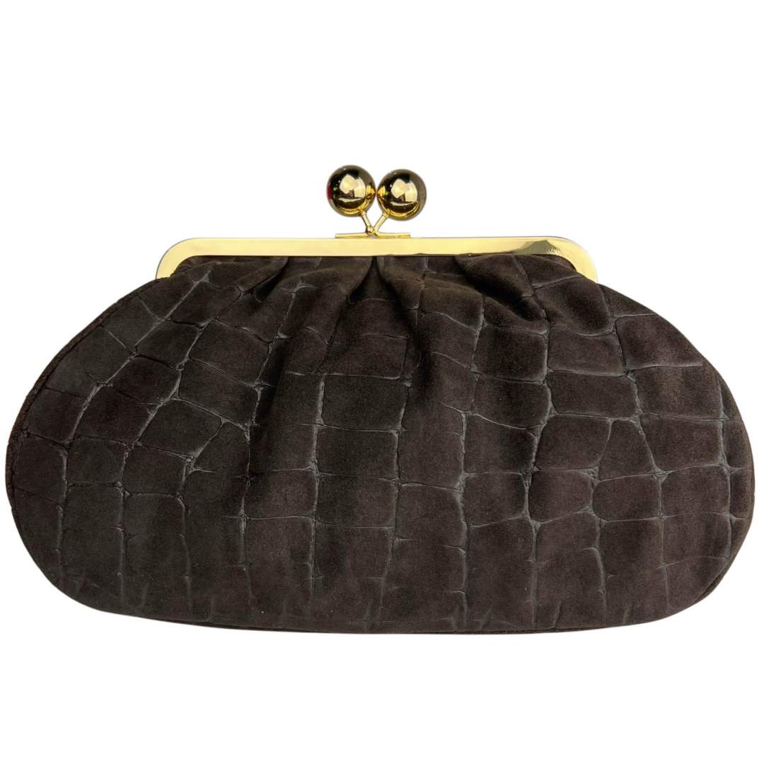Mi273 Dark Brown Suede Croco-Print Clip Clutch
