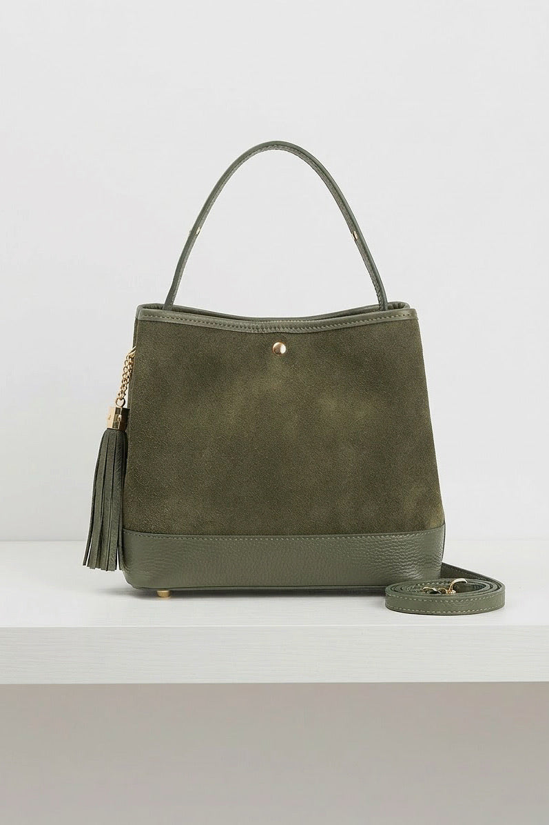 ZZ066 Khaki Leather Suede Bucket Bag