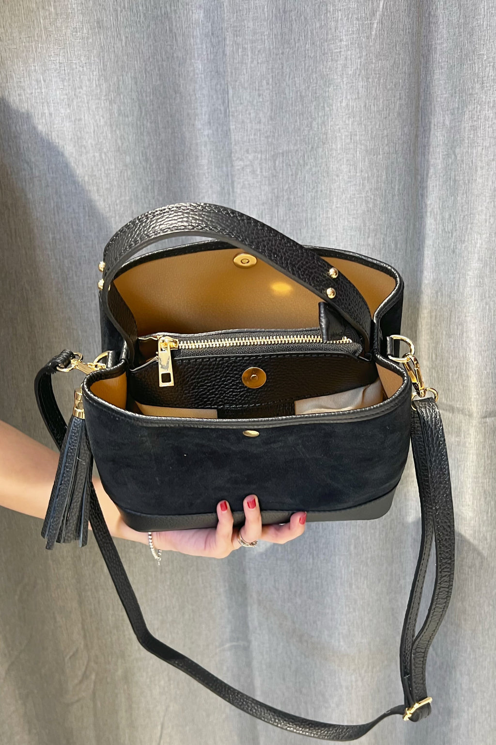 ZZ063 Black Leather Suede Bucket Bag