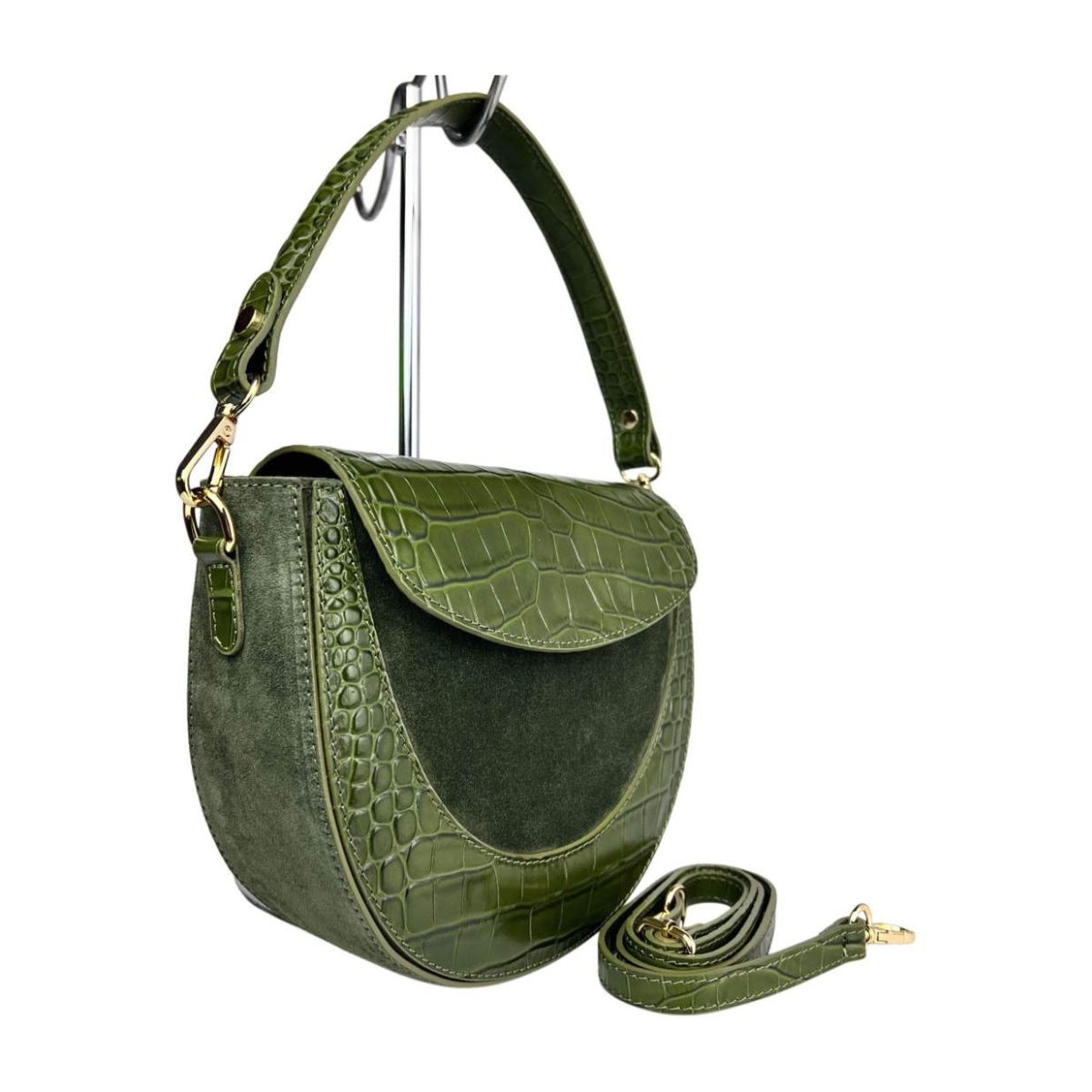 MI616 Olive Green Suede Croc Saddle Bag