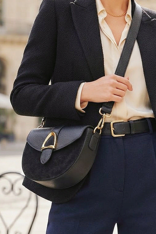 ZZ174 Black Leather Suede Crossbody Bag