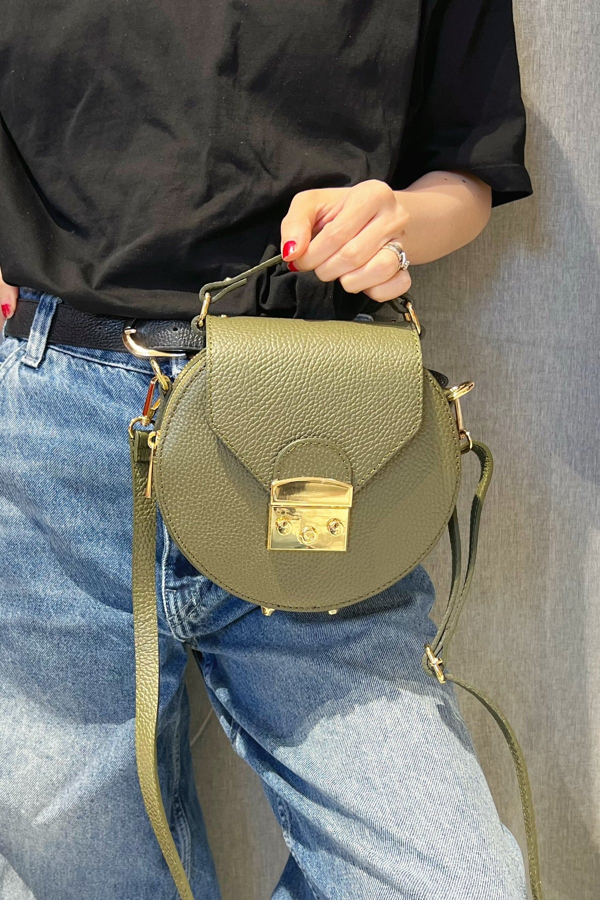 ZZ109 Khaki Round Leather Crossbody Bag
