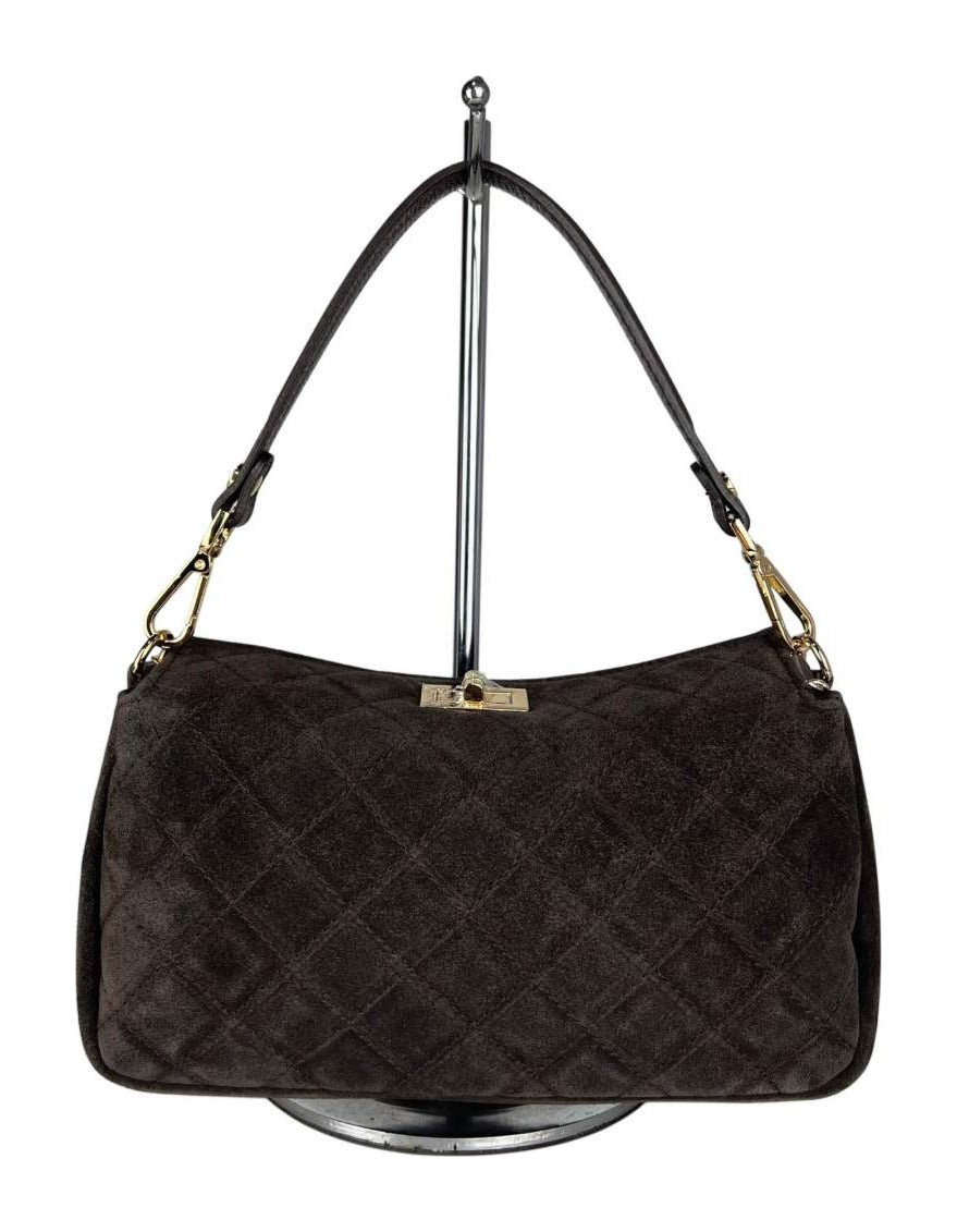MI597 Dark Brown Quilted Suede Shoulder Bag