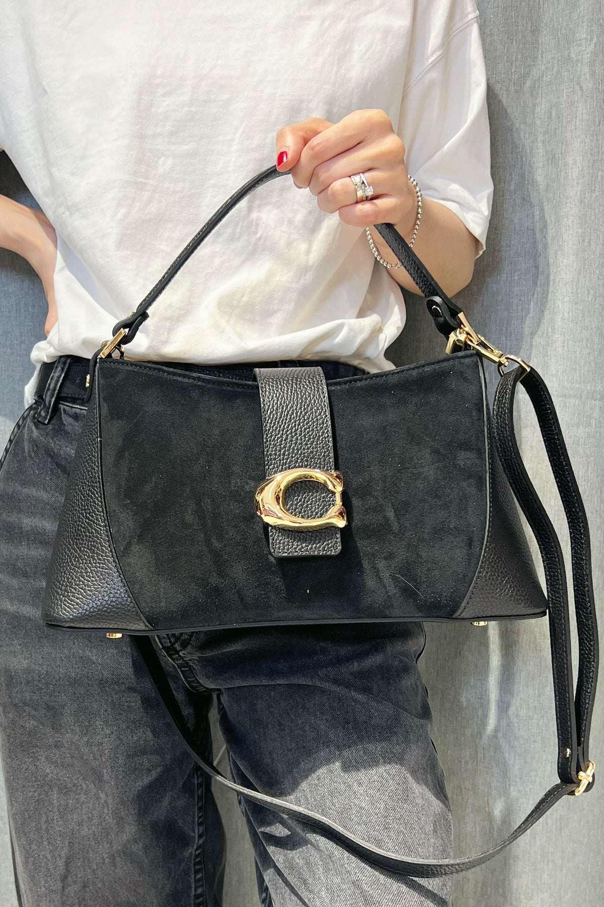 ZZ032 Black Leather Suede Shoulder Bag