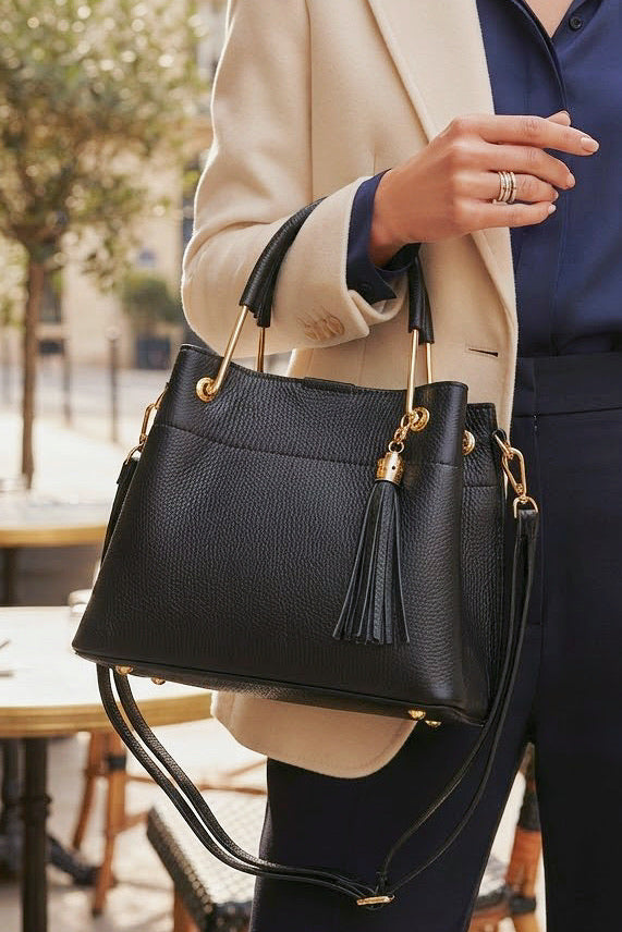 ZZ078 Black Leather 3-Compartment Handbag