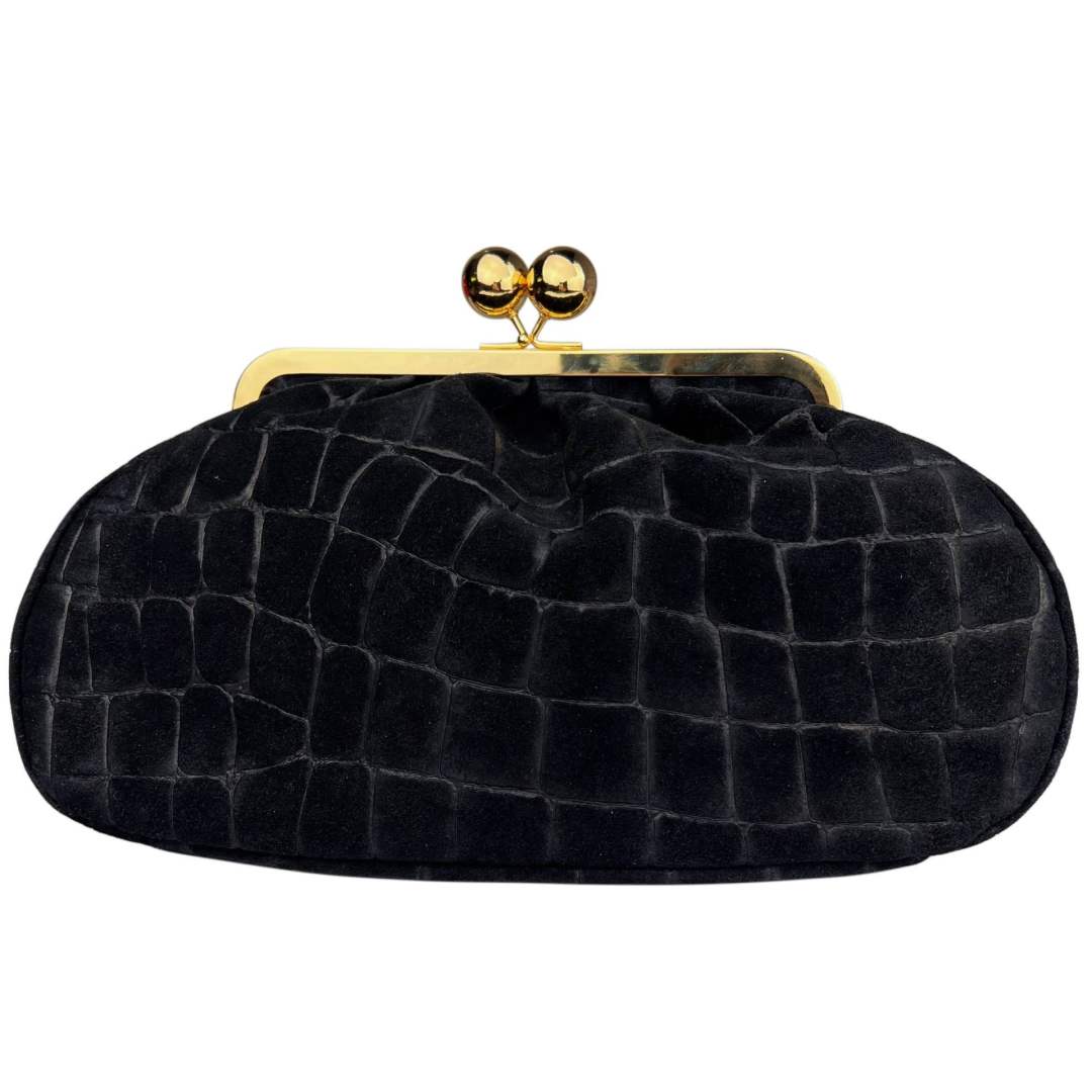 Mi277 Black Suede Croco-Print Clip Clutch