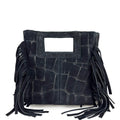 Mi266 Black Suede Croco-Print Fringe Mini