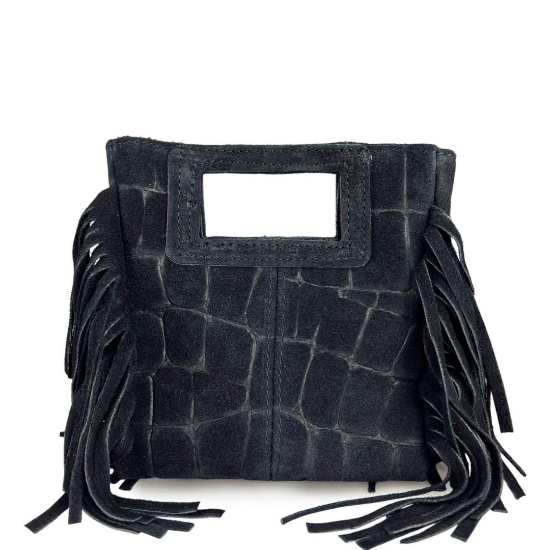 Mi266 Black Suede Croco-Print Fringe Mini