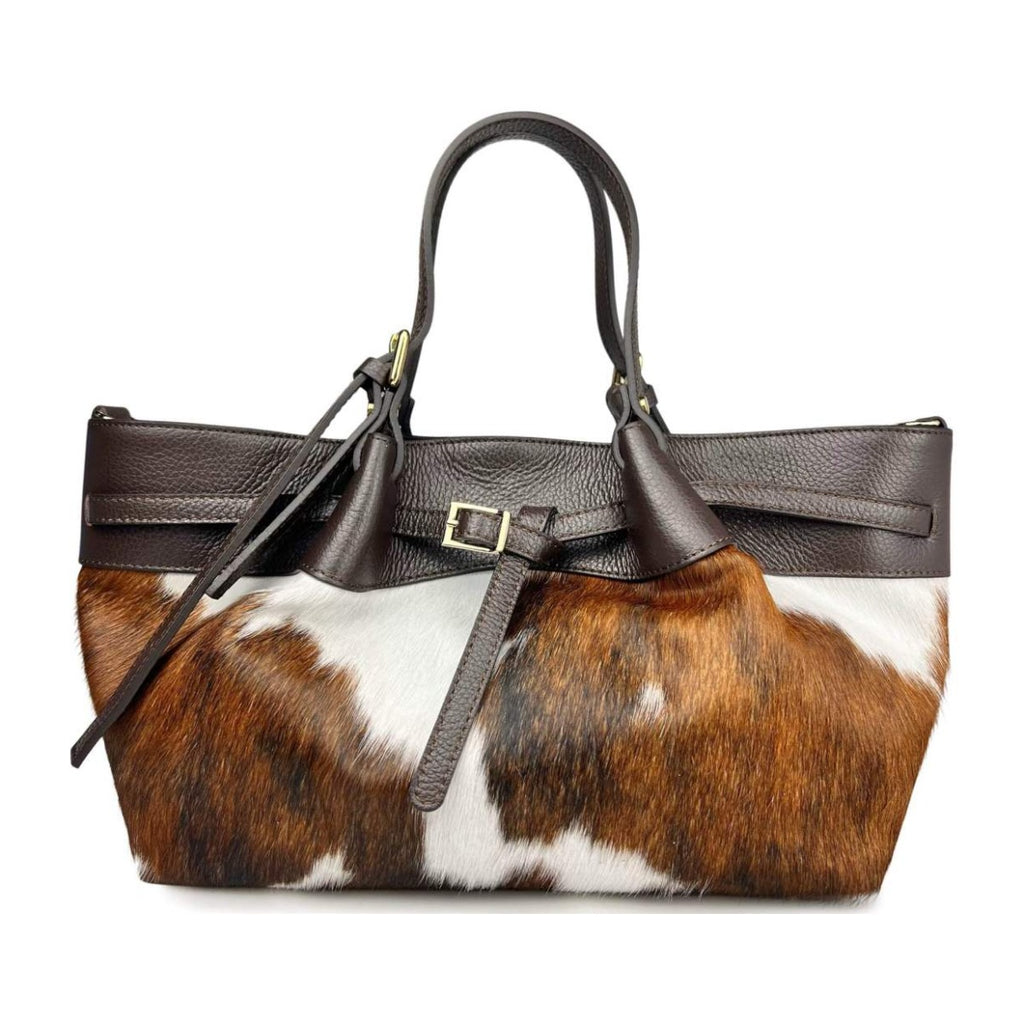 MI638 Cow Print Pony Hair Belted Tote Bag