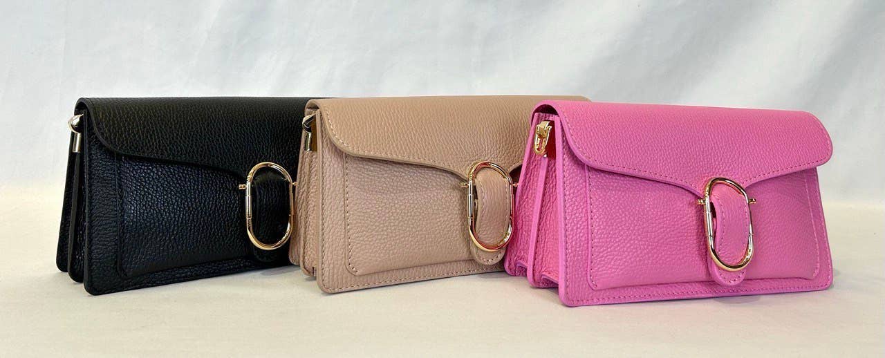 LCPI Italian Pink Leather Crossbody Bag w/Gold Buckle