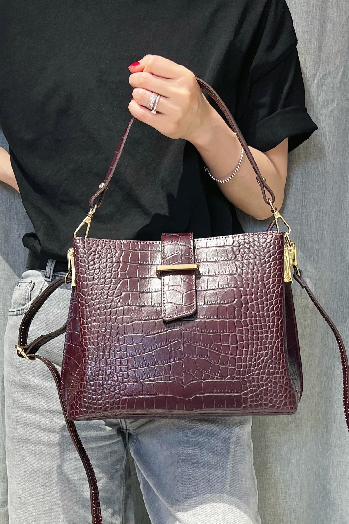 ZZ180 Dark Burgundy Croco Top Handle Bag