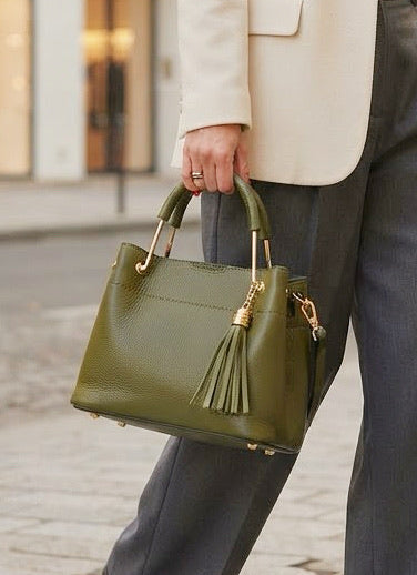 ZZ074 Khaki Leather 3-Compartment Handbag