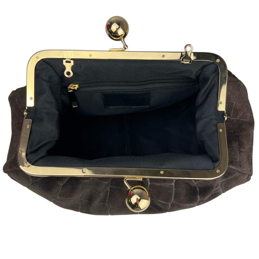 Mi273 Dark Brown Suede Croco-Print Clip Clutch