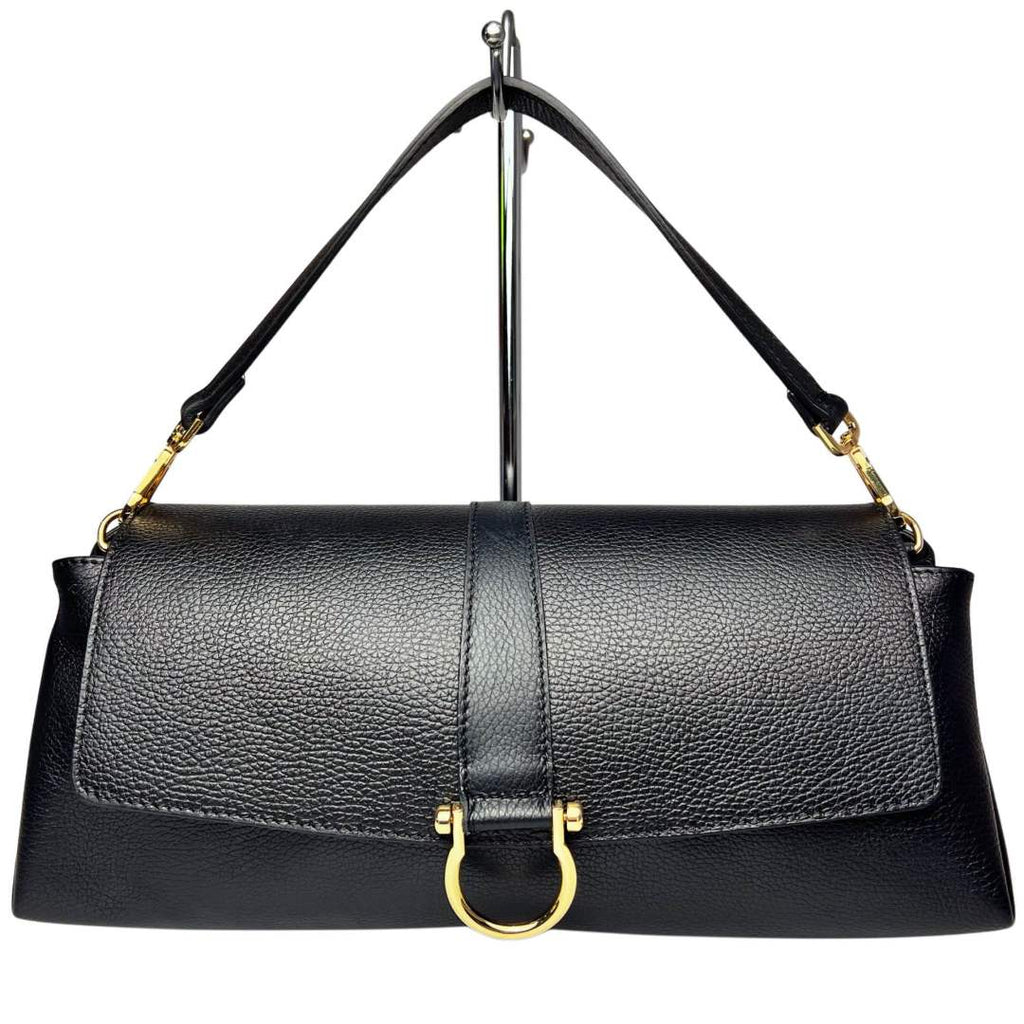 MI605 Black Leather Flap Shoulder Bag
