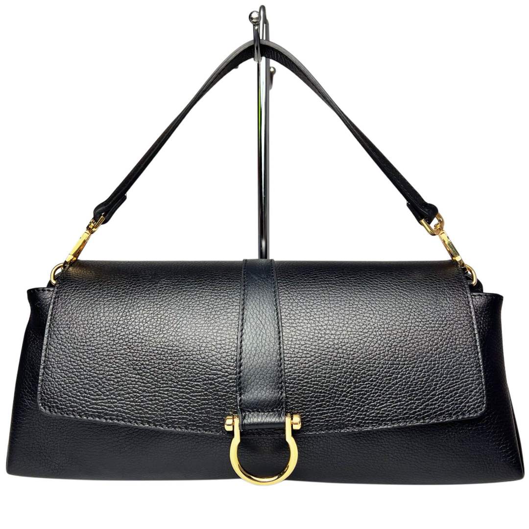 MI605 Black Leather Flap Shoulder Bag