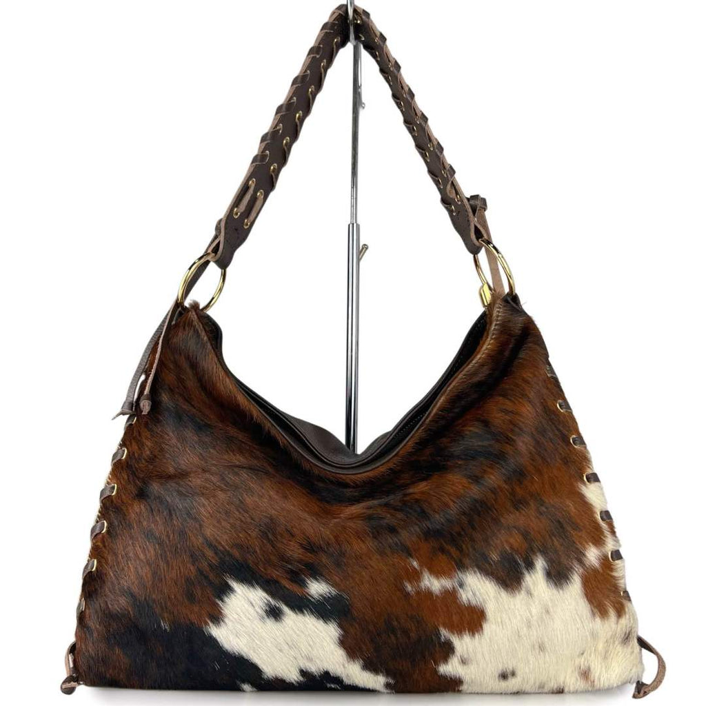 Mi121 Cow Print Pony Hair Woven-Trim Bag