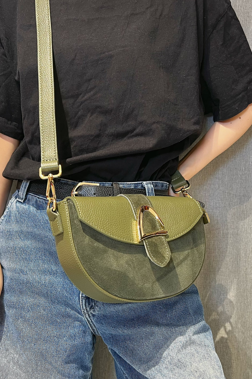 ZZ175 Khaki Leather Suede Crossbody Bag